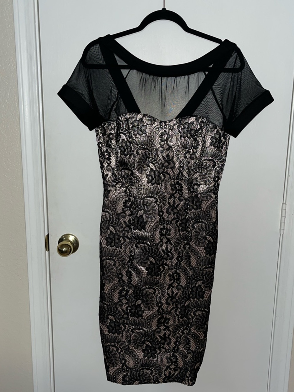 Size 6 Black Lace Overlay Sheath Dress with Mesh Yoke